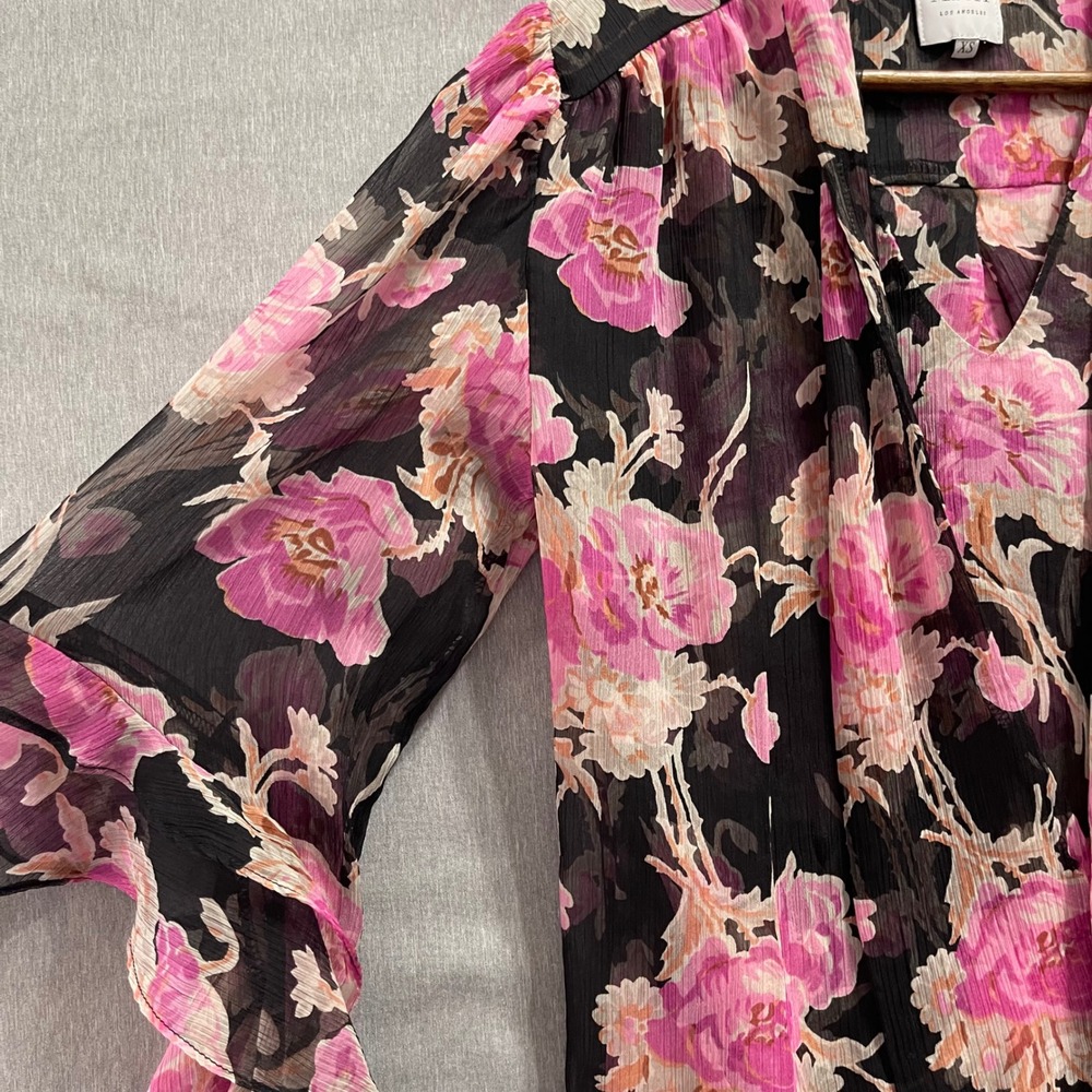MISA Los Angeles Floral Tie Neck Blouse Womens XS Pink Ruffle Chiffon Fairy Y2K‎ - Picture 5 of 9
